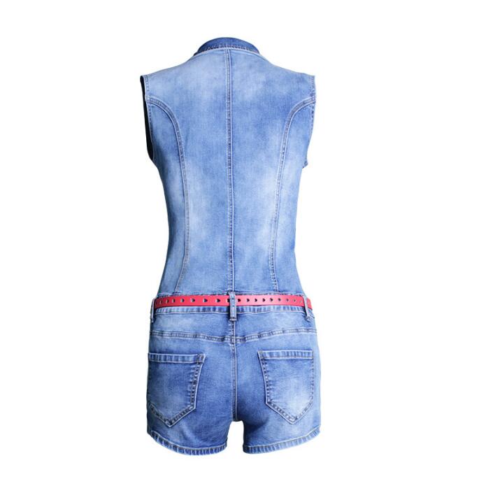 SZ60207 Womens Juniors Sexy Stretch Denim Sleeveless Short Jumpsuit with Belt